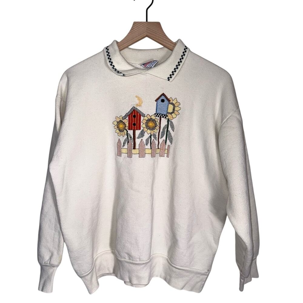 VINTAGE GLORIA cottagecore coastal grandma embroidered birdhouse sweatshirt XL